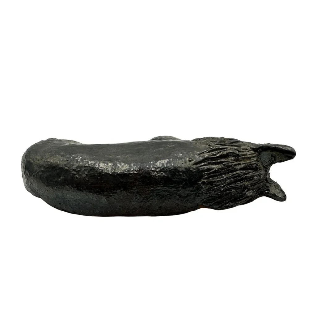 Pair Of Handmade Ceramic Sleeping Fox Figurines With Black Glaze Finish
